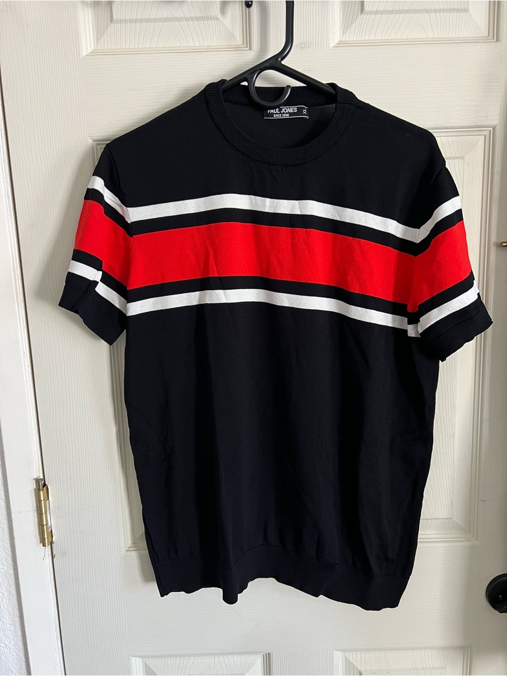 Paul Jones Black Short-Sleeve Ribbed Shirt with Red & White Stripe